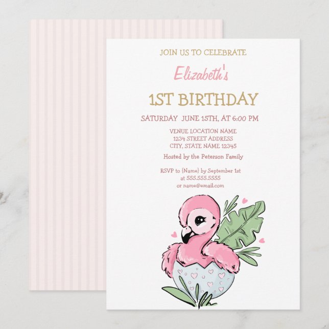 Invitation Cute Baby Flamingo rayé Anniversaire   (Devant / Derrière)