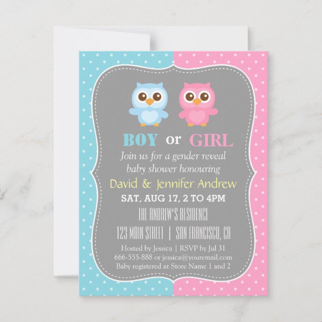 Invitation Cute Baby Owl Theme Gender Revevevela Party (Devant)