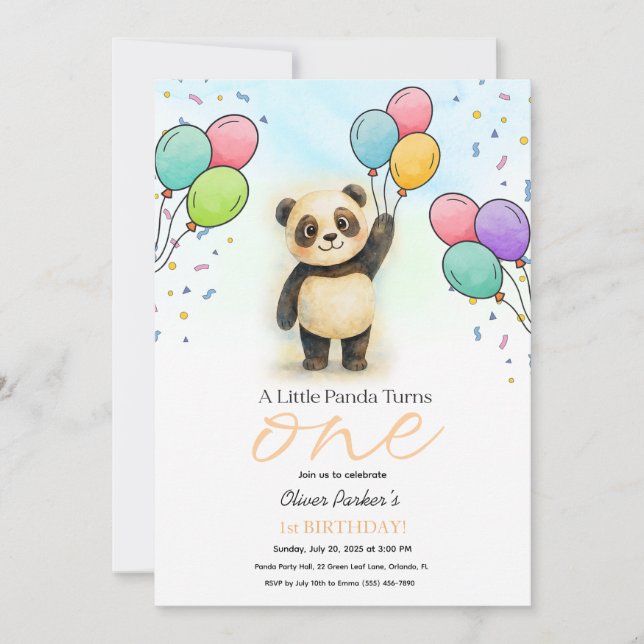 Invitation Cute Baby Panda Balloon 1st Birthday Party Peach (Devant)