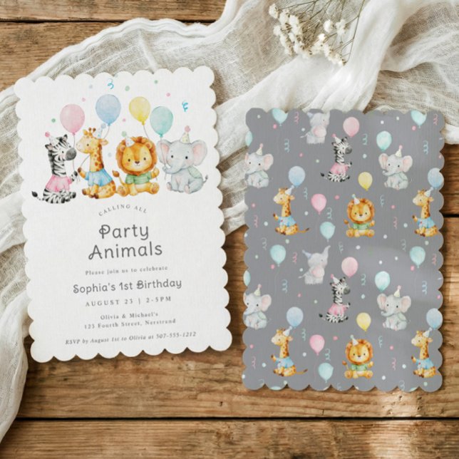 Invitation Cute Baby Party Animals Kids Birthday Party (Cute kids birthday invitation with elephant, lion, giraffe and zebra holding balloons)