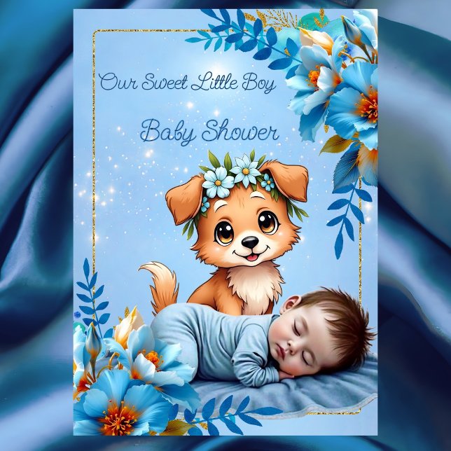 Invitation Cute Baby Shower Boy Blue Little Puppy Dog (Créateur téléchargé)