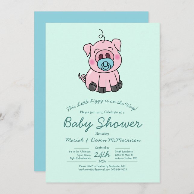 Invitation Cute Baby shower de porc Kawaii Blue Boy (Devant / Derrière)