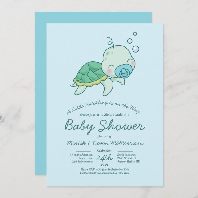 Invitation Cute Baby shower de tortue de mer Kawaii Blue Boy (Devant / Derrière)
