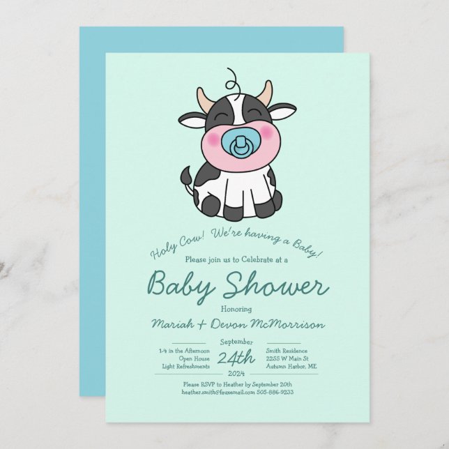 Invitation Cute Baby shower de vache Kawaii Blue Boy (Devant / Derrière)