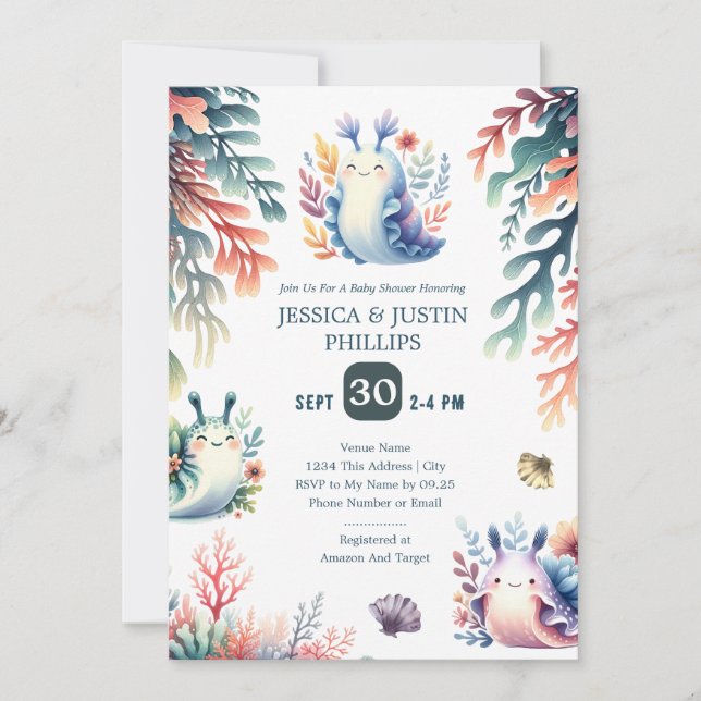 Invitation Cute Baby shower des limaces de mer (Devant)