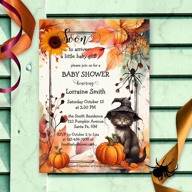 Invitation Cute Baby shower d'Halloween Chat Aquarelle (A cute baby shower invitation featuring a kitty with pumpkin and a witch hat in lovely watercolor )