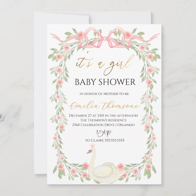 Invitation Cute Baby shower en ruban rose pâle du cygne flora (Devant)