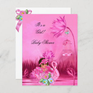 Invitation Cute Baby shower fille bébé Hot rose cygne magique