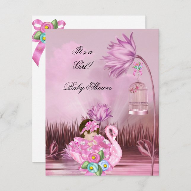 Invitation Cute Baby shower fille bébé Hot rose cygne magique (Devant / Derrière)