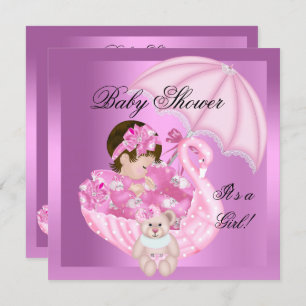 Invitation Cute Baby shower fille bébé rose cygne blanc