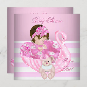 Invitation Cute Baby shower fille bébé rose cygne blanc