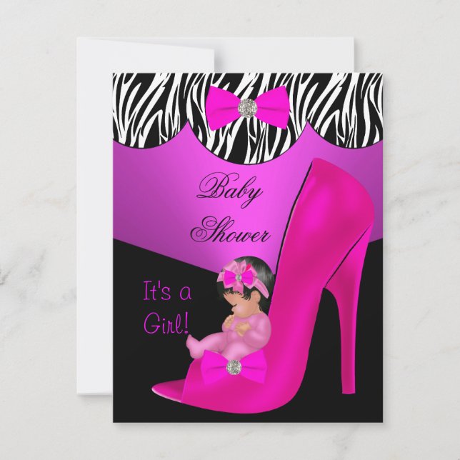Invitation Cute Baby shower fille Hot rose Baby Chaussure noi (Devant)