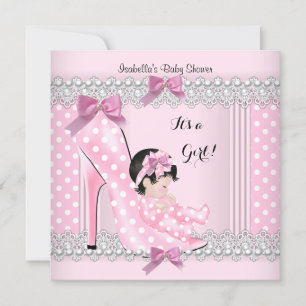 Invitation Cute Baby shower fille rose Pois haut talon 2