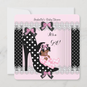 Invitation Cute Baby shower fille rose Pois haut talon 7