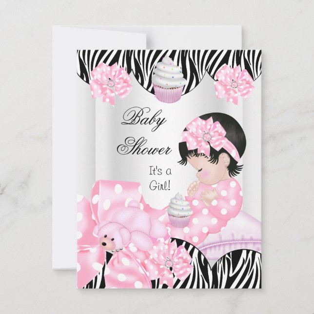 Invitation Cute Baby shower fille rose Zebra Cupcake (Devant)