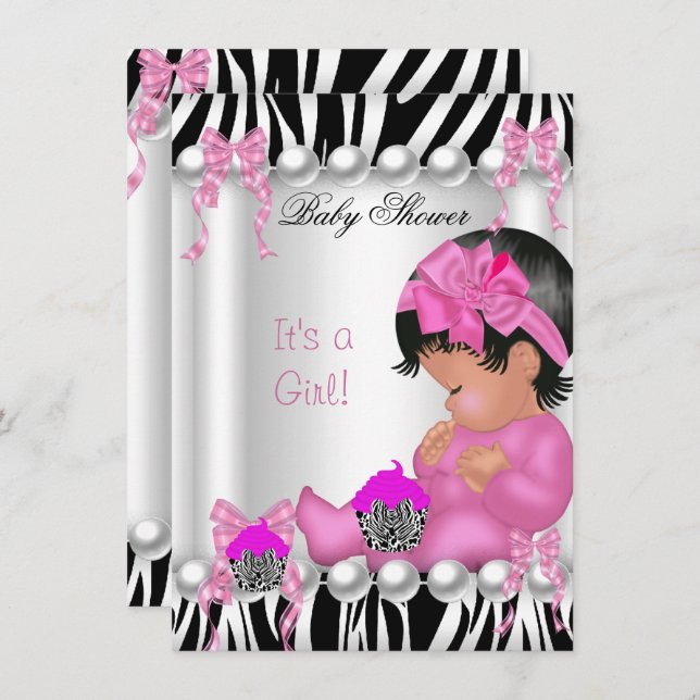 Invitation Cute Baby shower fille rose Zebra cupcake (Devant / Derrière)