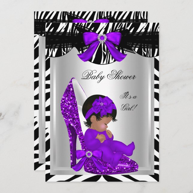 Invitation Cute Baby shower Girl Zebra Purple Baby Chaussure  (Devant / Derrière)