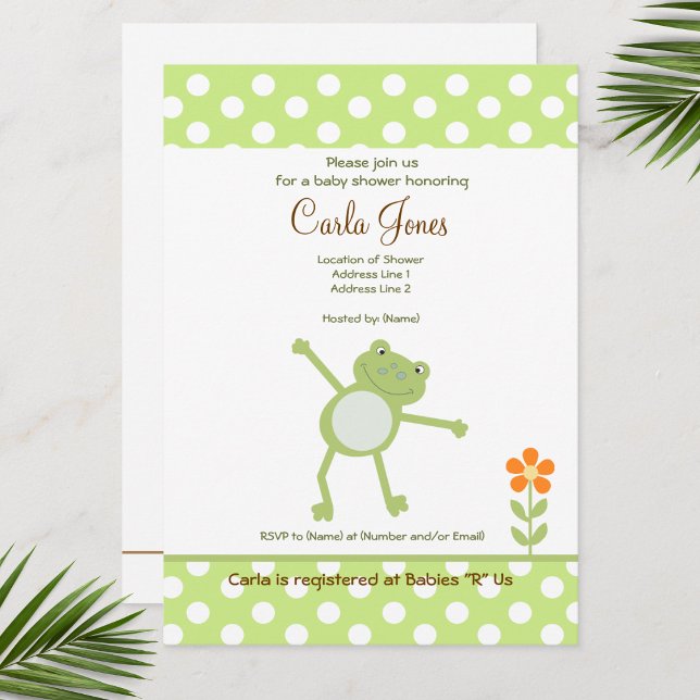 Invitation Cute Baby shower Leapfrog Vert Point Orange Fleur (Leap Frog Baby Shower Invitations)
