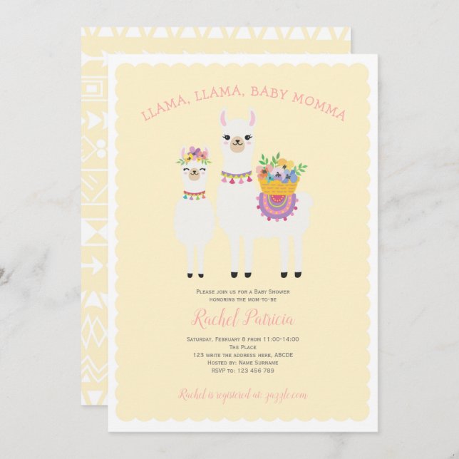 Invitation Cute, baby shower Llama (Devant / Derrière)