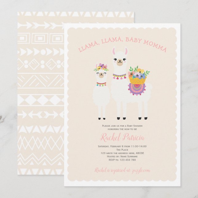 Invitation Cute, baby shower Llama (Devant / Derrière)
