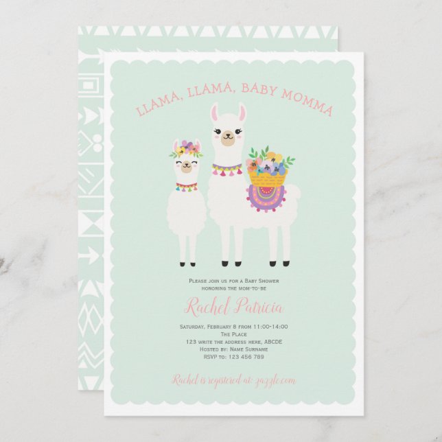 Invitation Cute, baby shower Llama (Devant / Derrière)