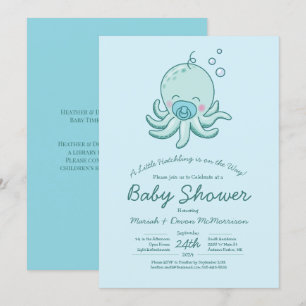 Invitation Cute Baby shower Octopus Kawaii Blue Boy