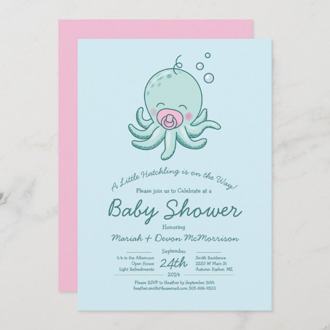 Invitation Cute Baby shower Octopus Kawaii fille rose (Devant / Derrière)