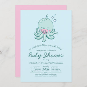 Invitation Cute Baby shower Octopus Kawaii fille rose