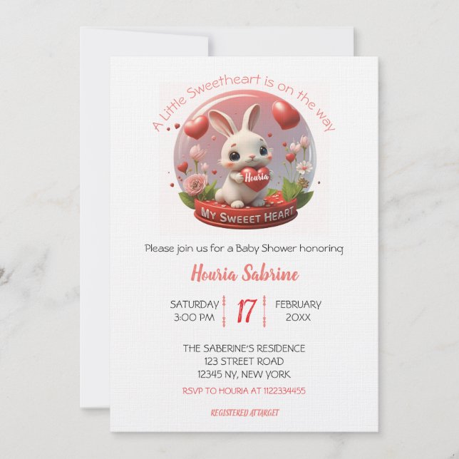 Invitation Cute Baby Shower Rabbit Sweetheart Valentine (Devant)