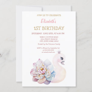 Invitation Cute Baby Swan Flower Striped Birthday  