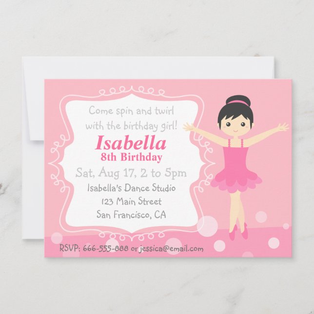 Invitation Cute Ballerina en rose, fête d'anniversaire de fil (Devant)