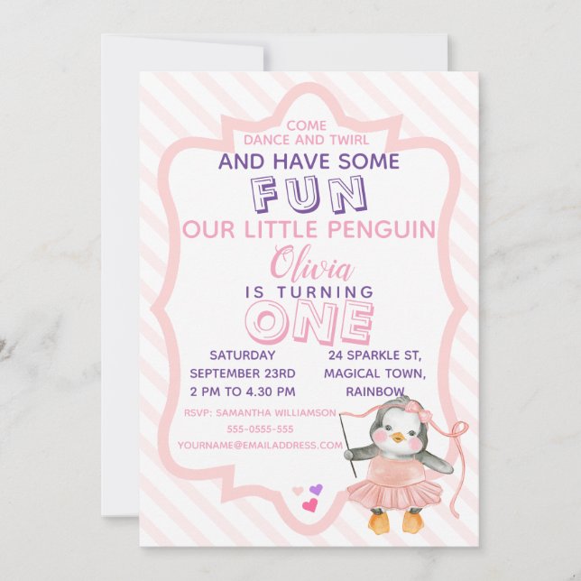Invitation Cute Ballerina Penguin rose 1er anniversaire Invit (Devant)