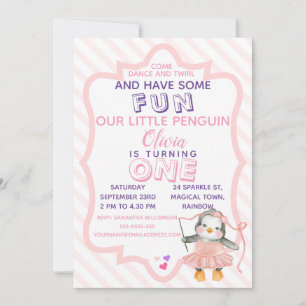 Invitation Cute Ballerina Penguin rose 1er anniversaire Invit
