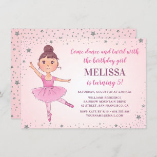 Invitation Cute Ballerina Rose Argent Étoiles Fille Anniversa