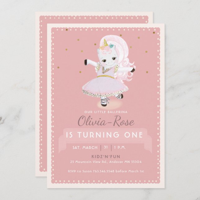 Invitation Cute Ballerina Unicorn Dusty Rose Girl Anniversair (Devant / Derrière)