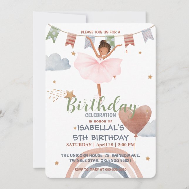 Invitation Cute Ballet afro Balloon Anniversaire filles fête (Devant)
