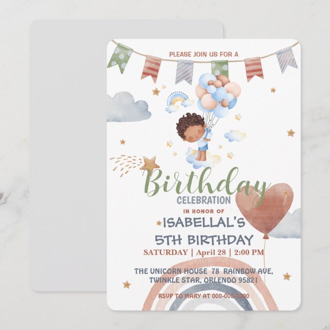 Invitation Cute Balloon African american boys Anniversaire (Devant / Derrière)