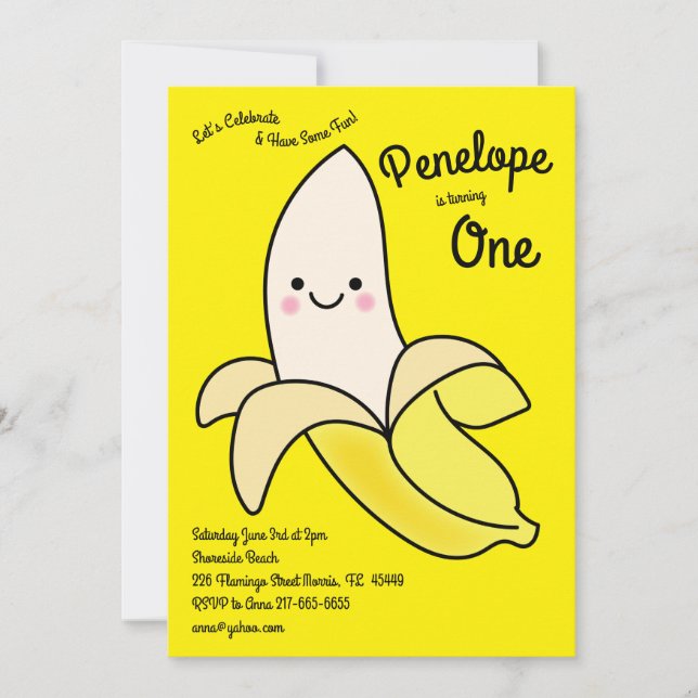 Invitation Cute Banana Enfants 1er anniversaire fête Kawaii (Devant)