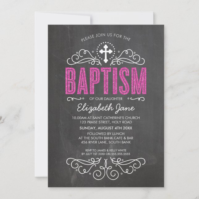 Invitation CUTE BAPTISM élégant rose type de parties scintill (Devant)