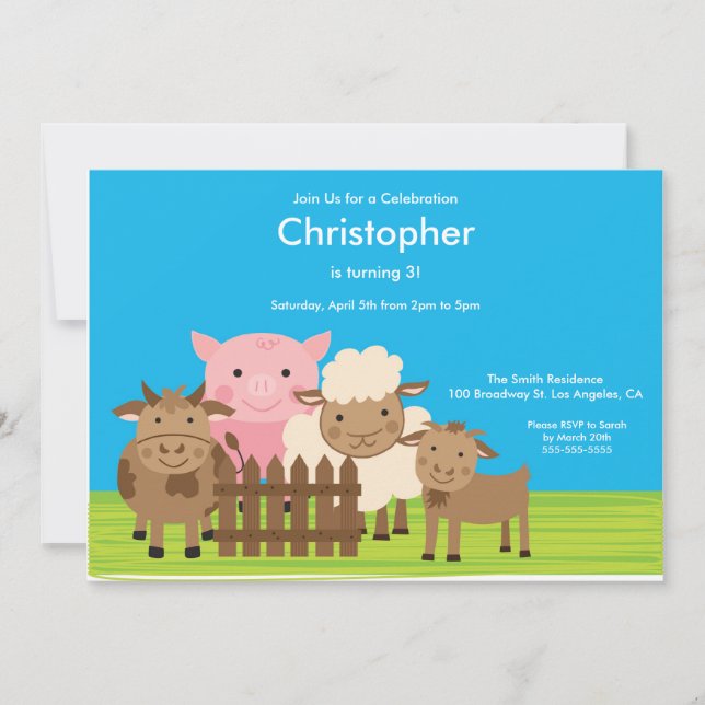Invitation Cute Barn Yard Animaux de ferme Anniversaire Invit (Devant)