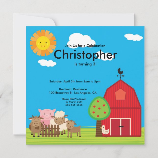Invitation Cute Barn Yard Farm Animaux Birthday Party Invitat (Devant)