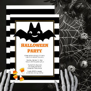 Invitation Cute Bat BW Stripes Candy Corn Halloween Party Inv