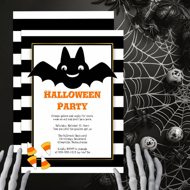 Invitation Cute Bat BW Stripes Candy Corn Halloween Party Inv (Cute Bat Black and White Stripes Candy Corn Halloween Party Invitation -- Print | Digital Download)