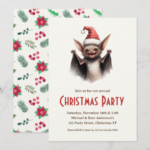 Invitation Cute Bat Santa Hat Rouge Poinsettias Noël