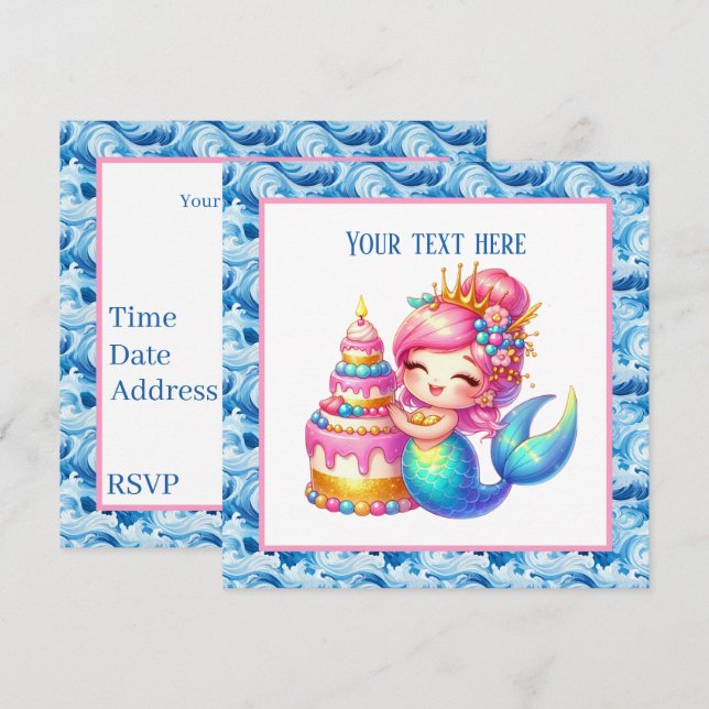 Invitation Cute Beach Birthday sirène personnalisable (Devant / Derrière)