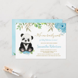 Invitation Cute Bear Aquarelle Bleu Floral Baby shower garçon