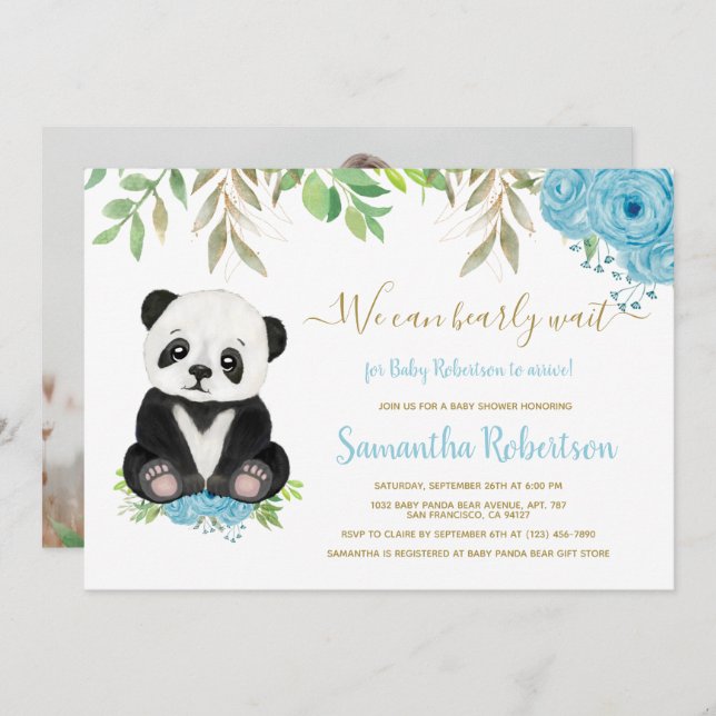 Invitation Cute Bear Aquarelle Bleu Floral Baby shower Photo (Devant / Derrière)