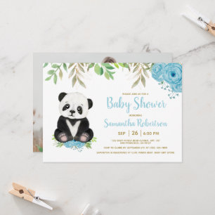 Invitation Cute Bear Bleu Floral Baby shower de verdure Photo
