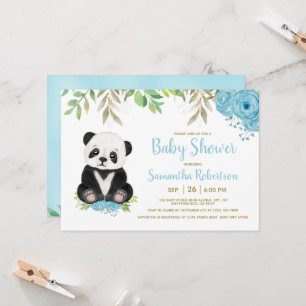 Invitation Cute Bear Blue Floral Aquarelle Baby shower garçon