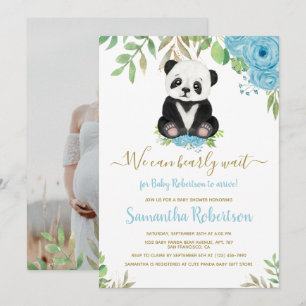 Invitation Cute Bear Blue Floral Aquarelle Baby shower photo